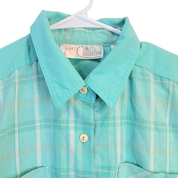 Gitano Vintage 90s Plaid Shirt Women Large Button Collar Top Casual 12 Spring 14 - Picture 1 of 16